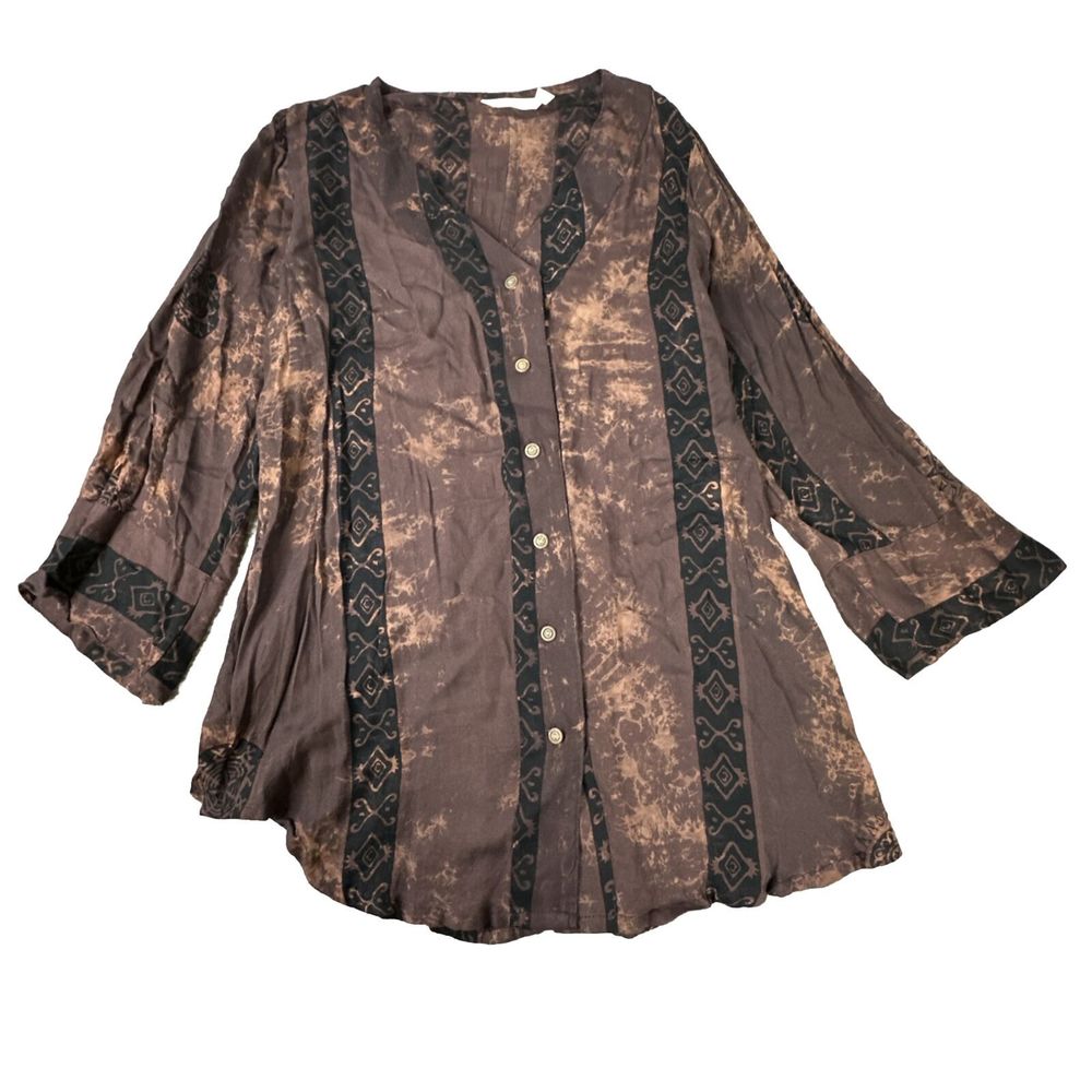 Soft Surroundings Tunic Top Casual Button Front Hawaiian Tribal Print Womens L